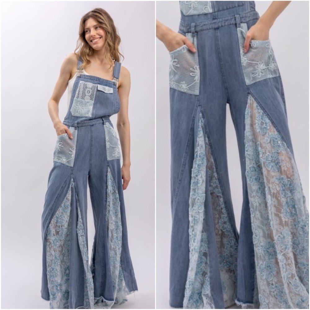 XL Denim Lace Panel Women’s Overalls — Blue Velvet